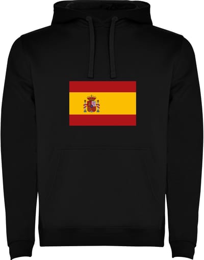 Zwarte unisex hoodie met Wereldse vlaggen het land Spanje merk Roly maat M