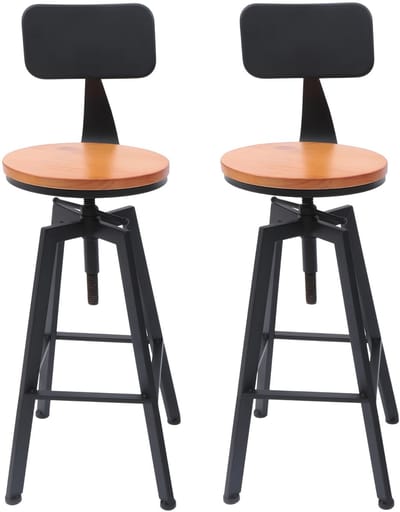 Barkrukken Set van 2 – Verstelbare Hoogte & 360° Draaibaar – Industrieel Vintage Design – Houten Zitting & Rugleuning – Zwart