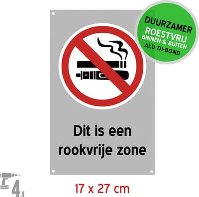 Pictogram/ bord Dibond + boorgaten | "Dit is een rookvrije zone" | 17 x 27 cm | Roken | Vapen | Sigaretten | Duurzaam | Roestvrij | Rookverbod | 1 stuk
