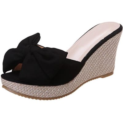 Hoge Wedge Slippers Vrouwen Faux Suede Grote Vlinder Knoop Sandalen Vrouw Zomer Open Teen Slides Linnen Platform Slippers Hoge Hakken 36 zwart