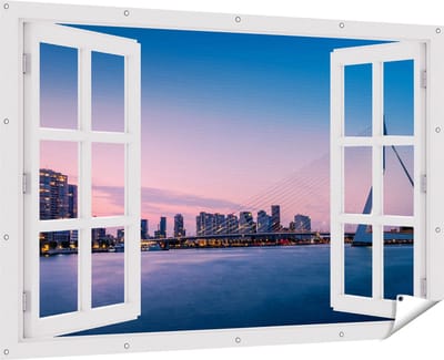 Gards Tuinposter Doorkijk Erasmusbrug in Rotterdam met Zonsondergang - 180x120 cm - Tuindoek - Tuindecoratie - Wanddecoratie buiten - Tuinschilderij
