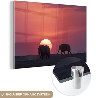 ® Glasschilderij 180x120 cm - Schilderij acrylglas - Olifanten bij zonsondergang in het Masai Mara National Park in Kenia - Foto op glas - Muurdecoratie woonkamer - Wanddecoratie slaapkamer - Schilderijen