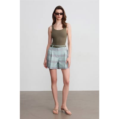 Hoge Taille Geruite Short met Ceintuur