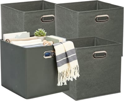 5Five Opbergmandjes - 4x - groengrijs - stof - inhoud 29 liter - 31 x 31 x 31 cm - Kast opberg box