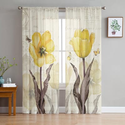 Vintage Bloemen Vlinders Gele Tulpen Transparante Gordijnen voor Woonkamer Decoratie Raamgordijnen Keuken Tule Voile Gordijnen W135 x H137cm x1