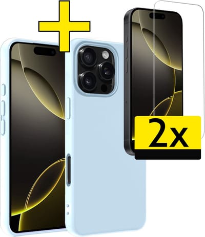 Hoesje - Met 2x Screenprotector - Geschikt voor Apple iPhone 16 Pro - Sterk & Shockproof - Back Cover - Siliconen Case - Telefoon Hoes - Telefoonhoesjes - Lichtblauw