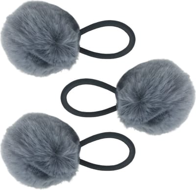Fako Fashion - Haarelastiekjes Met Pompom - 5cm - 4mm Dik - 3 Stuks - Grijs