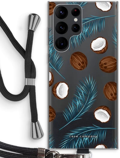 Case Company® - Hoesje met koord geschikt voor Samsung Galaxy S22 Ultra hoesje met Koord - Kokosnoot - Telefoonhoesje met Zwart Koord - Bescherming aan alle Kanten en Over de Schermrand