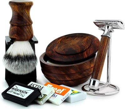 Complete scheerset voor mannen, houten nat scheerset voor mannen met veiligheidsscheermes, scheerkwasthouder, synthetische scheerkwast, kom en zeep - Traditionele scheerset - Cadeau voor hem