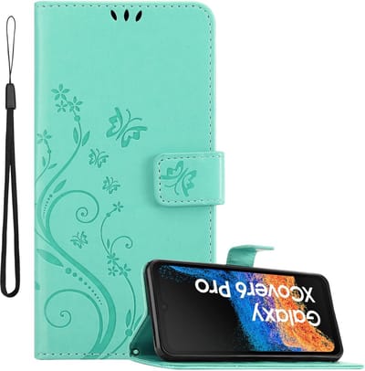 Cadorabo Hoesje geschikt voor Samsung Xcover 6 Pro in BLOEMEN TURKOOIS - Beschermhoes in bloemmotief met magnetische sluiting, standfunctie en kaartsleuven Book Case Cover Etui