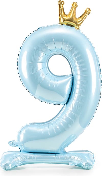 Partydeco - Staande folieballon Cijfer 9 Sky-Blue met kroon 84 cm