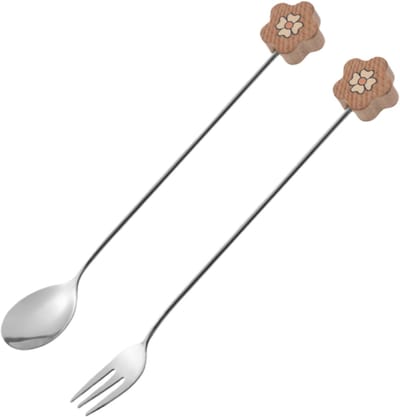 2 stuks - Vork + Lepel - Roestvrij staal - Wit esdoornhout met klein bloemmotief - Te gebruiken als koffieroerlepel, honinglepel, etc. - Zoals afgebeeld