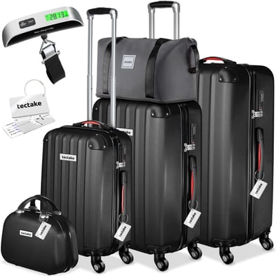 tectake® 19-delige Kofferset - Reiskoffer Set met Bagageweegschaal, Label en Accessoires - 360° wielen - ABS Harde Schaal - Koffer met TSA-Cijferslot - Stapelbaar - Trolley Handbagage - Ruimbagage - 95L, 64L, 39L Koffers en Beautycase - Zwart