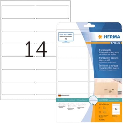 Folielabels HERMA 8671, permanent klevend, zelfklevend, bedrukbaar, no-label effect, B 99,1 x H 38,1 mm, transparant, 350 stuks/25 vellen