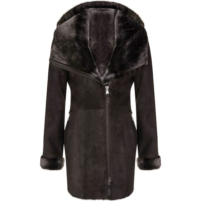 Dames merino schapenvacht jas met capuchon-antiek