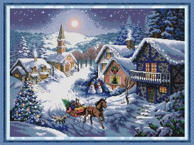 Cross Stitch Kits voor Volwassenen - Kerstboom, Sneeuwman en Sneeuwdorp 11CT 67×53cm - DIY Borduurset met Voorafgedrukte Patronen voor Beginners en Hobbyisten