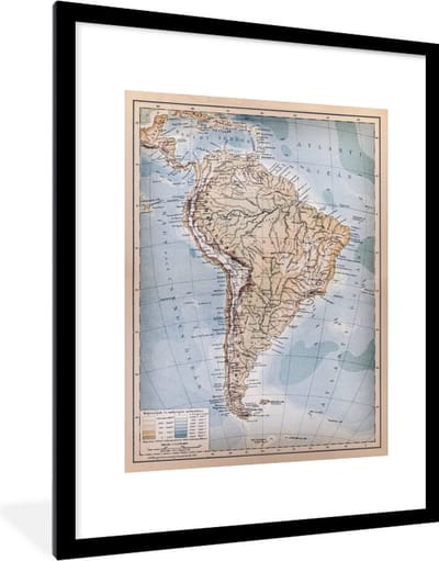 Poster in lijst - Fotolijst 60x80 cm - Posters - Klassieke wereldkaart Zuid-Amerika - Posterlijst zwart - Decoratie - Wanddecoratie woonkamer - Muurdecoratie slaapkamer