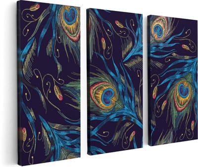Artaza Canvas Schilderij Drieluik Getekende Pauw Veren Achtergrond - 120x80 - Foto Op Canvas - Canvas Print