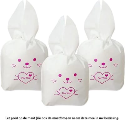 50x Uitdeelzakjes Wit - Roze Konijn 13 x 22 cm - Plastic Traktatie Kado Zakjes - Snoepzakjes - Koekzakjes - Koekje - Cookie Bags - Pasen - Kinderverjaardag - Feestje