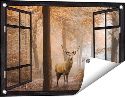 Gards Tuinposter Doorkijk Hert in het Bos - Herfst - 60x40 cm - Tuindoek - Tuindecoratie - Wanddecoratie buiten - Tuinschilderij