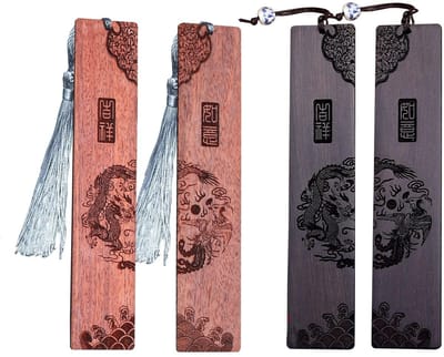 Dailygoods- Bladwijzers Handgemaakt - 4 Stuks - Sandelhout - Draak/Feniks Patronen - Duurzaam - Geschikt Voor Boekfans - Boekmarkering