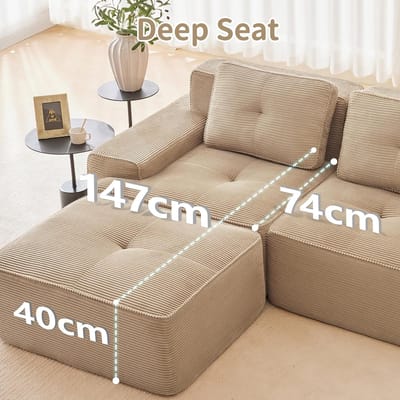 Modulaire boneless 2-zits cloud bank 204 x 104 x 69 cm – extra diepe zit 74 cm – ribfluweel corduroy loveseat sofa – zonder montage – beige | HomebyNicole