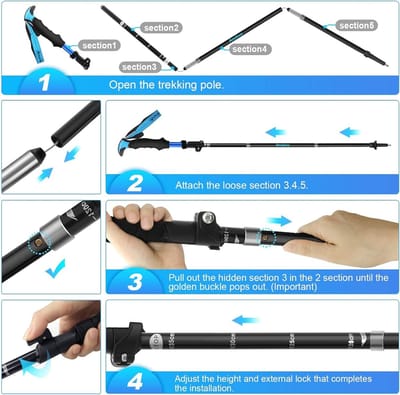 Wandelstokken, trekkingstokken, opvouwbaar, Nordic Walking-stokken, 7075, aluminium, telescopisch, verstelbaar, voor bergbeklimmen, wandelen, met draagtas en handgreep van EVA-schuim