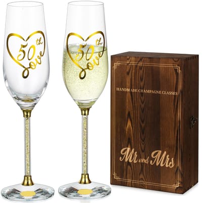Dailygoods- Champagneglazen Kristal - Set van 2 - Gegraveerde Gouden Glazen - Huwelijksverjaardag Geschenken - Prosecco Glazen - Gepersonaliseerde Cadeaus - Proseccoglazen