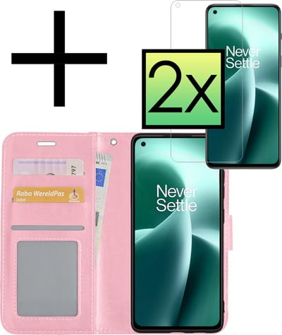 Hoesje - Met 2x Screenprotector - Geschikt voor OnePlus Nord 2T - Luxe Pasjeshouder - Bookcase Portemonee - Flip Case - Kunstleer Book Case - Flipcase Hoes - Book Cover - Walletcase - Portemonneehoes - Lichtroze