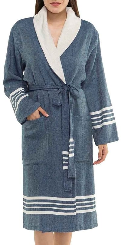Gevoerde Hamam Badjas Krem Sultan Navy - XXS - Hotelkwaliteit - Sjaalkraag - Luxe badjas - Badstof - Sauna Badjas - Ochtendjas - Badmantel