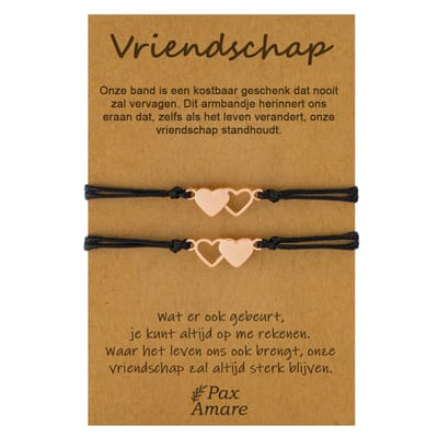 Vriendschapsarmbandjes voor 2 "Vriendschap" - Hartjes - BFF Armbandjes met Cadeau Kaartje - Rosé Goud & Zwart - Elastisch Verstelbaar - Pax Amare