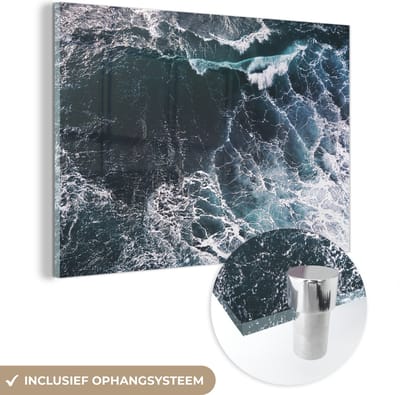 ® Glasschilderij 180x120 cm - Schilderij acrylglas - Luchtfoto van woeste golven in de zee - Foto op glas - Muurdecoratie woonkamer - Wanddecoratie slaapkamer - Schilderijen