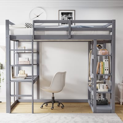 VVBV Ruimtebesparende Hoogslaper 140x200 cm - Bureau, Trap/Ladder, Voor Kinderen/Tieners, Planken - Massief Hout Grijs