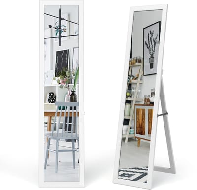 COSTWAY Staande spiegel, 155 x 37 cm grote spiegel met houten frame, houten spiegel vrijstaand, moderne wandgemonteerde vloerspiegel voor slaapkamer, woonkamer en ingang