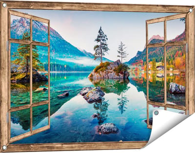 Gards Tuinposter Doorkijk Meer in de Bergen tijdens de Herfst - 90x60 cm - Tuindoek - Tuindecoratie - Wanddecoratie buiten - Tuinschilderij