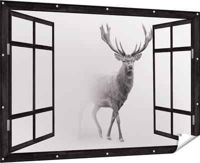 Gards Tuinposter Doorkijk Hert - Zwart Wit - 180x120 cm - Tuindoek - Tuindecoratie - Wanddecoratie buiten - Tuinschilderij
