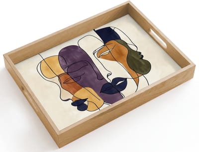 Dienblad hout 40x30 cm - Schootdienblad - Abstract - Overlappende gezichten - Paars - Donkergroen - Borrelplank rechthoek - Plateau dienbladen