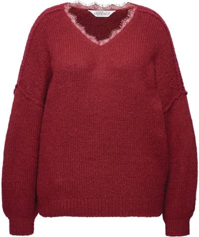 Studio Untold - Dames - Trui V-hals met kant wijde lange mouw - Donkerrood - Maat 46+