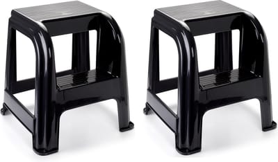 Plasticforte Opstapkrukje - 2x - 2 tredes - zwart - kunststof - 45 cm - tot 75 kg