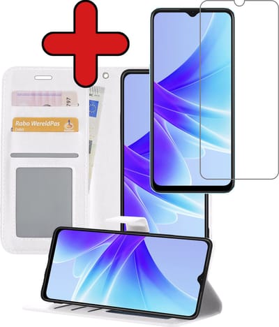 Hoesje - Met Screenprotector - Geschikt voor OPPO A17 - Luxe Pasjeshouder - Flipcase - Bookcase Portemonee - Flip Case - Kunstleer Book Case - Book Cover - Walletcase - Portemonneehoes - Telefoonhoes - Wit