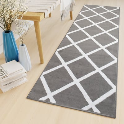 Tapiso Luxury Tapijtloper Grijs Wit Geruit Modern Gang Woonkamer Vloerkleed Maat- 80x100