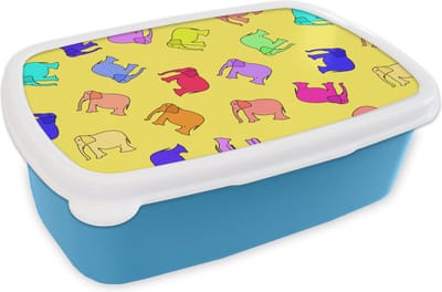 Broodtrommel Blauw - Lunchbox - Brooddoos - Olifant - Geel - Patronen - 18x12x6 cm - Kinderen - Jongen