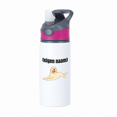 Hacebo® - liggende hond met eigen naam waterfles met rietje roze - Honden - honden liefhebbers - iemand die houdt van honden - verjaardag - cadeau - kado - water fles - 650ML