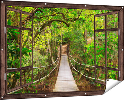 Gards Tuinposter Doorkijk Hangbrug - 150x100 cm - Tuindoek - Tuindecoratie - Wanddecoratie buiten - Tuinschilderij
