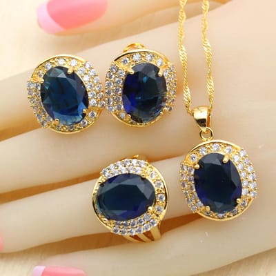 Donkerblauwe Stenen Goudkleurige Bruids Sieraden Sets Voor Vrouwen Hangende Oorbellen Ketting Hanger Armband Ringen Gratis Cadeaubox Wpaitkys Blue&10