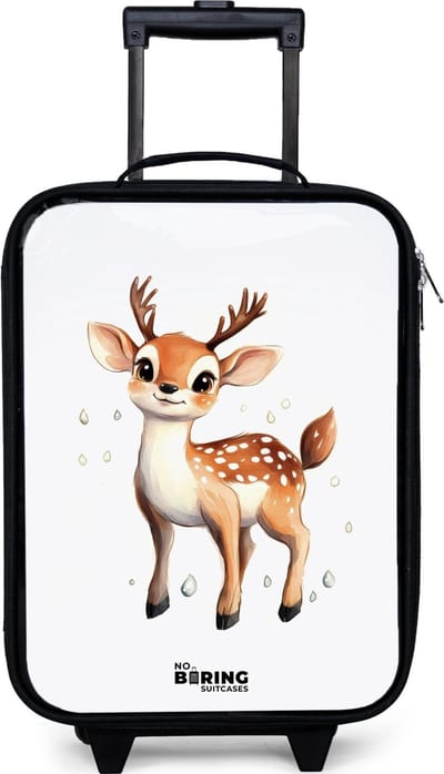 NoBoringSuitcases.com® - Kinderkoffer jongen - Kindertrolley meisje - Jong hertje met gewei en witte stippen - Koffer kind lichtgewicht - Reiskoffer trolley voor kinderen - Koffertje met lichtgevende wieltjes - Rolkoffer zwart