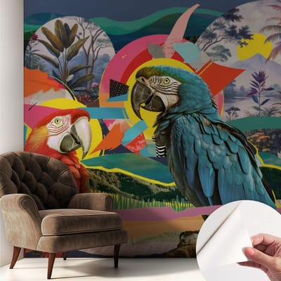 Coloray Zelfklevend Behang - Exotische vogels Zelfklevend fotobehang - 250x250 cm - Blauw Zelfklevend Behang - Voor de woonkamer, slaapkamer en kantoor - Peel-and-stick techniek - Stickerbehang op rol