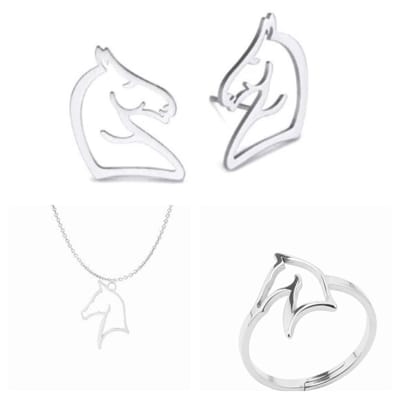 SportPresent® - Sieradenset - Paardrijden - Oorbellen - Ketting - Ring - Paard - Sport - Zilver kleur - Sieraad - Hippische sport - Sportsieraden - Team - Teamkado