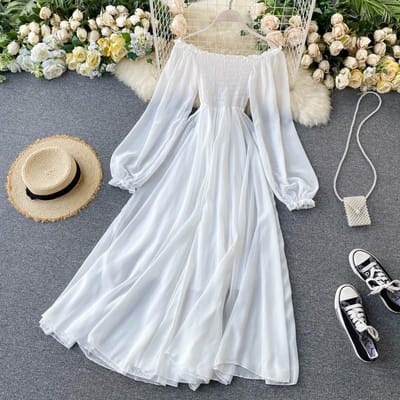 Robe blanche en mousseline de soie, col Slash, taille élastique, ligne a, Style féerique, grande jupe, ourlet, robe de plage, été M blanc