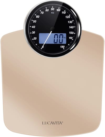 LUCAVITA® Weegschaal Personenweegschaal - Analoge Weegschaal - Weegschaal Analoog - Digitale Weegschaal Personen - Personenweegschaal Beste Koop - Precisie Weegschaal - Dual Display Retro met Meetlint